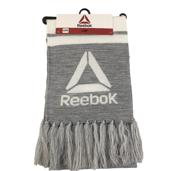 NWT Reebok 2-Piece Logo Set Knit Fringe Scarf and Pom Pom Beanie Gray Mauve - Picture 9 of 12